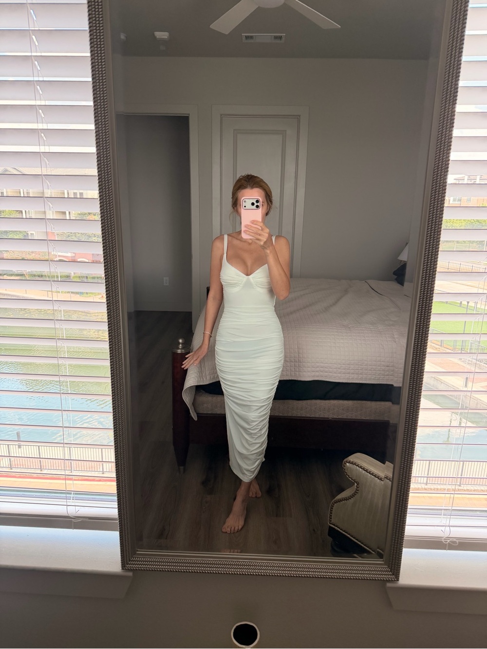 Ruched White Midi Dress with Slim Fit